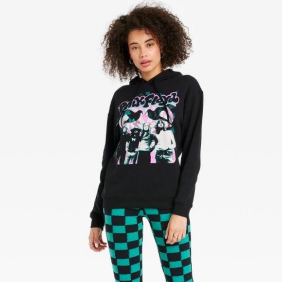 Pink Floyd Psychedelic Print Black Drawstring Band Hoodie - Picture 6 of 7